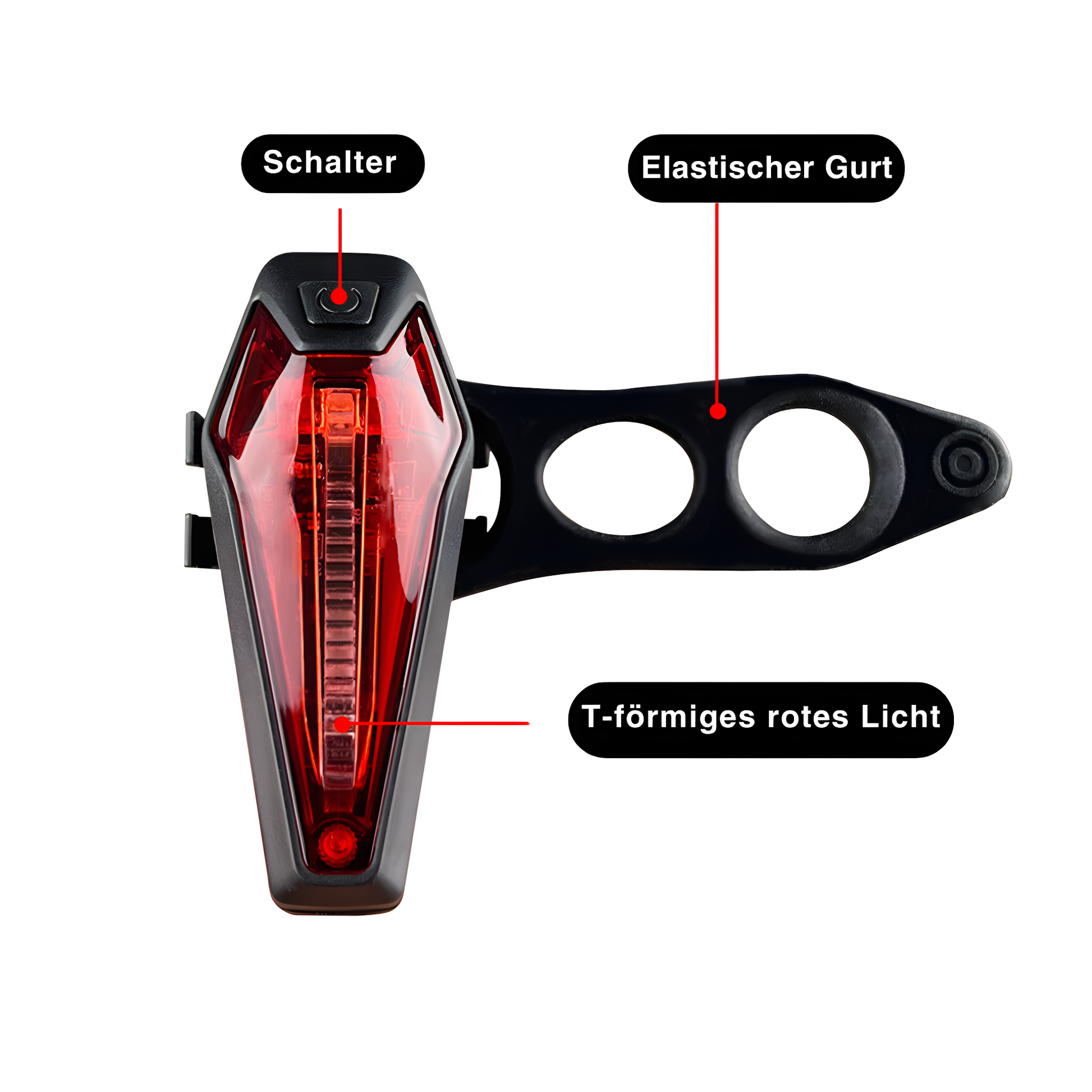 Rotes LED-Fahrradlicht mit elastischem Gurt und Schalter, T-förmig, für Sicherheit.