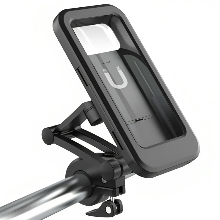 Schwarze Smartphone-Halterung für Fahrradlenker, verstellbar, robustes Design, wetterfest.
