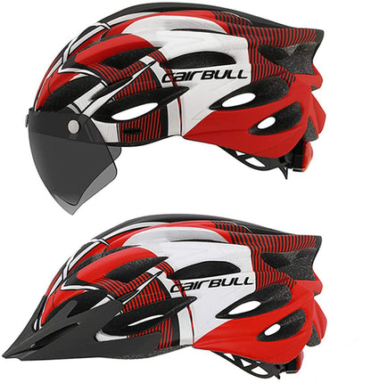 Roter Fahrradhelm mit Visier, aerodynamisches Design, ideal für Rennradfahrer.