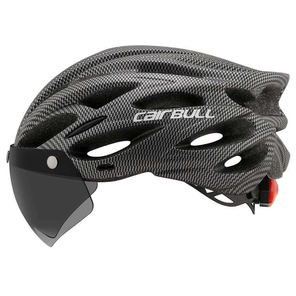 Grauer Fahrradhelm mit Visier, aerodynamisch, leicht, ideal für Rennradfahrer, Sicherheit.