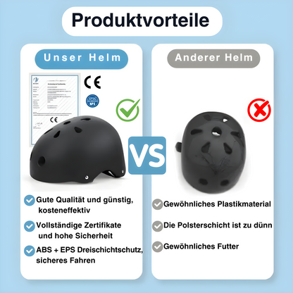 Schwarzer Fahrradhelm mit Zertifikat, ABS+EPS, hohe Sicherheit, Vergleich mit Standardhelm.