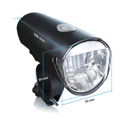 Schwarzes LED-Fahrradlicht, wasserdicht, 106x50mm, für sicheres Radfahren bei Nacht.
