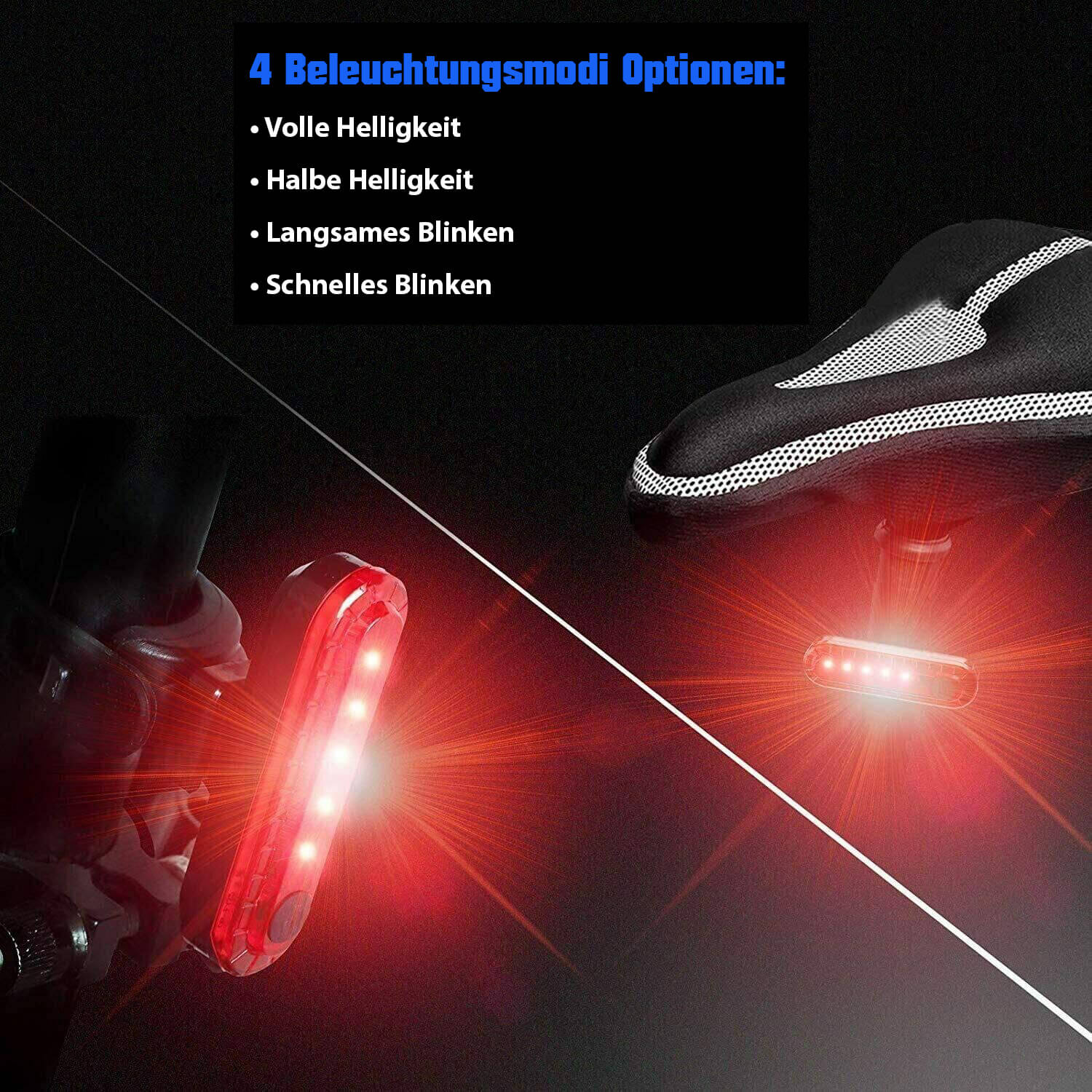 Rotes LED-Fahrradlicht mit vier Modi, montiert am Fahrrad, für Sicherheit und Sichtbarkeit.