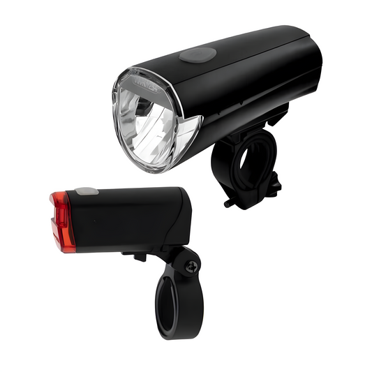 Schwarzes LED-Fahrradlicht-Set, Vorder- und Rücklicht, wasserdicht, für sicheres Radfahren.