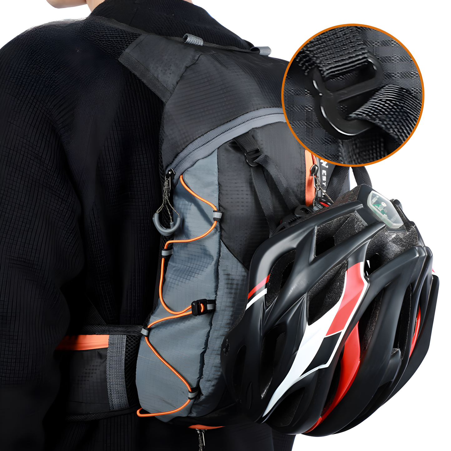 Schwarzer Fahrradrucksack mit Helmhalterung, reflektierenden Streifen, robustem Material.