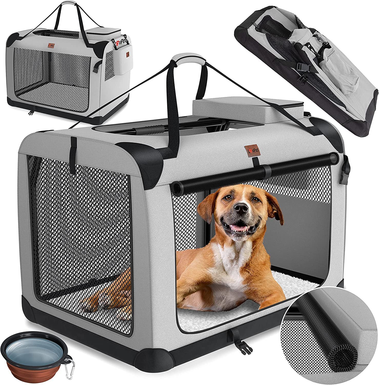 Tragbare Hundebox aus Stoff, faltbar, grau, mit Netzfenstern und Tragetasche.