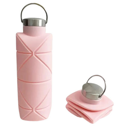 Rosa faltbare Silikon-Wasserflasche mit Edelstahlverschluss, ideal für Reisen und Sport.