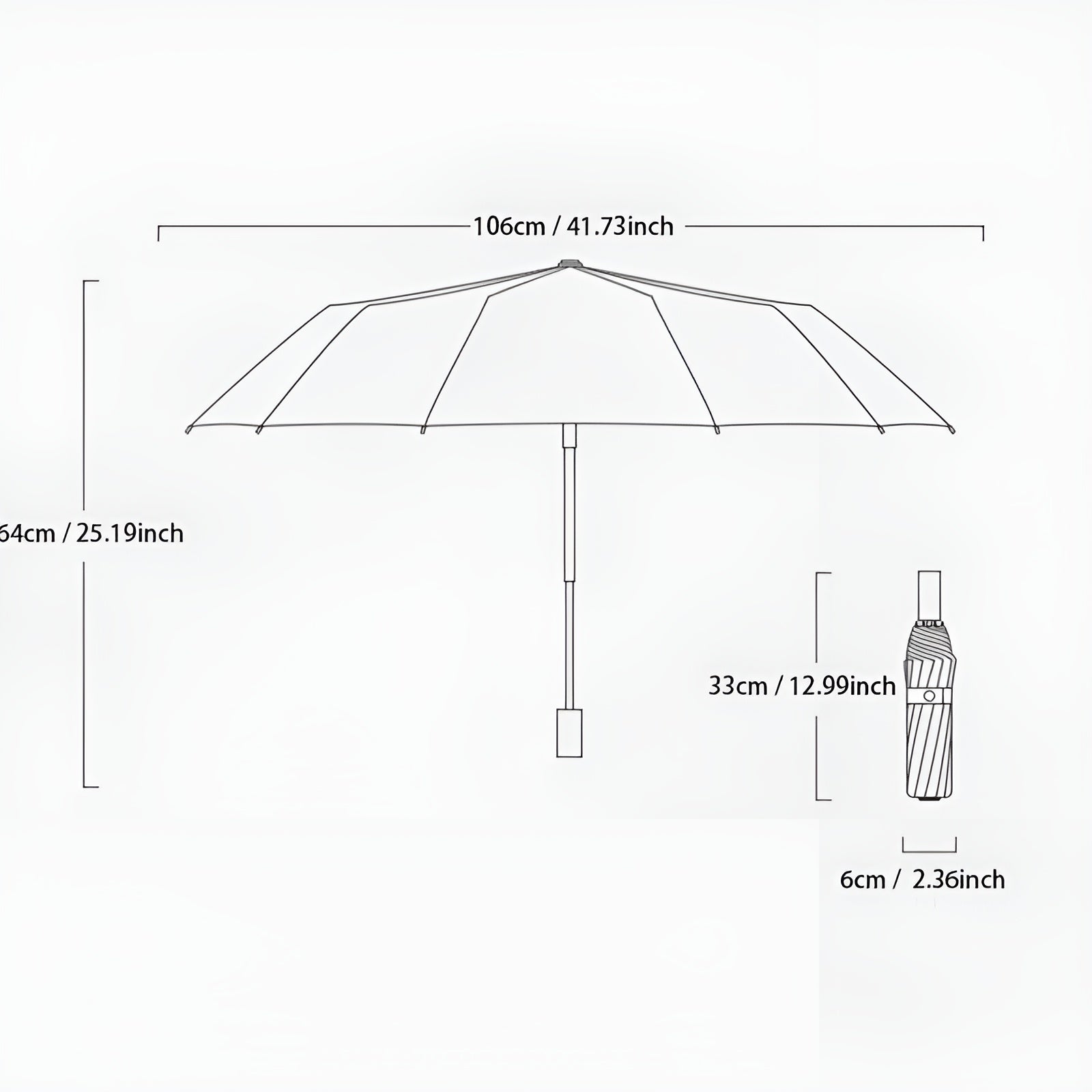 Zusammenklappbarer Regenschirm, schwarz-weiß gestreift, 106 cm Durchmesser, kompakt, leicht.