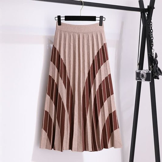 Beiger und brauner Faltenrock, knielang, aus Baumwolle, elegant, für Damenmode.