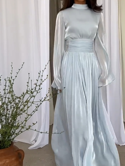 Maxikleid | Fließendem Schnitt | Lange Ärmel | Locker | Einfarbig-Blau-S-Luzern Mode