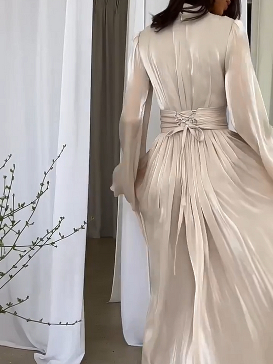 Maxikleid | Fließendem Schnitt | Lange Ärmel | Locker | Einfarbig-Luzern Mode