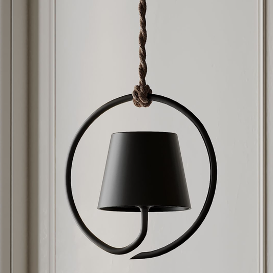 Schwarze Hängelampe aus Metall, modernes Design, runder Rahmen, rustikales Seil, Innenbeleuchtung.