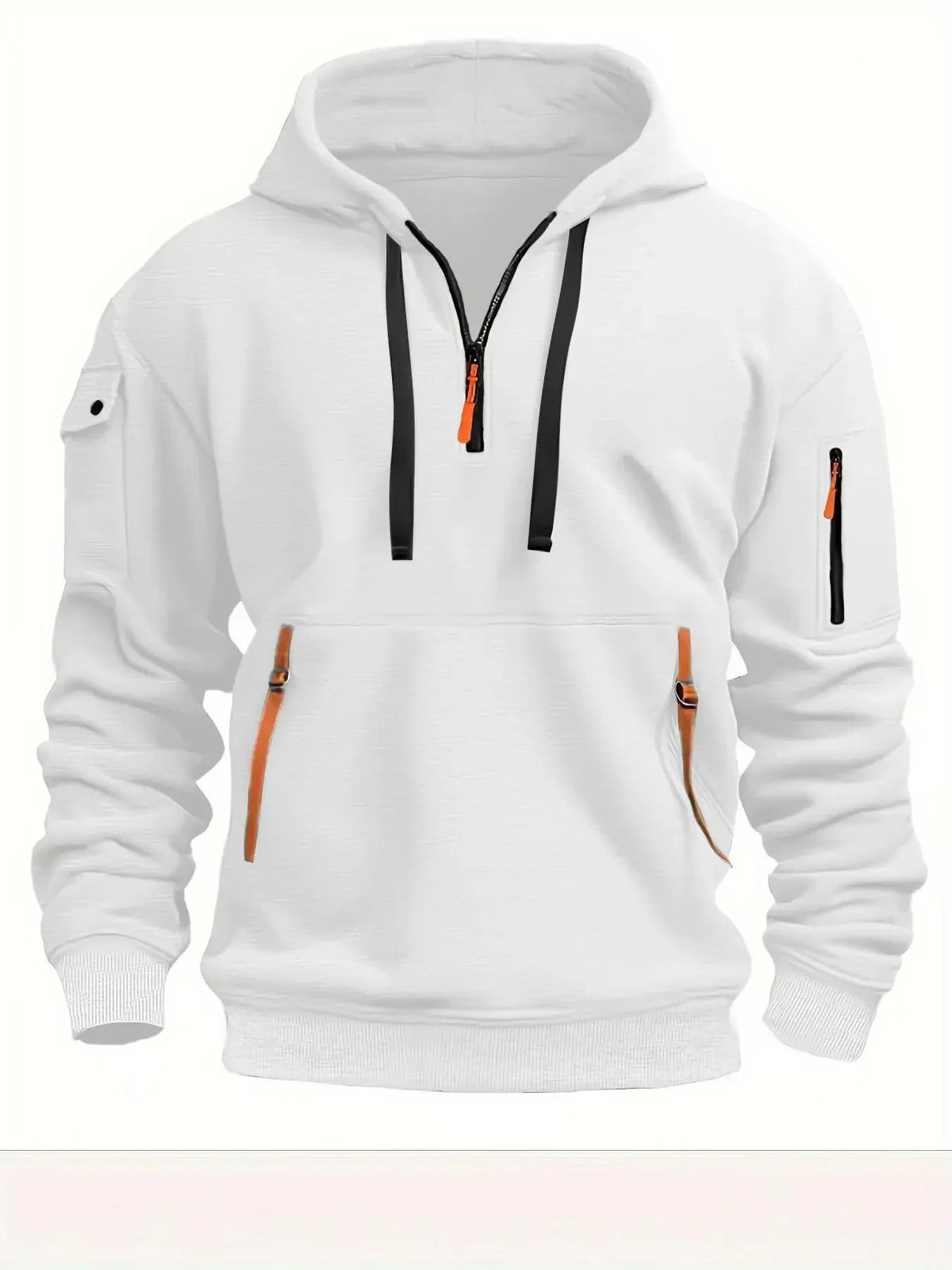 Weißer Kapuzenpullover in der Vorderansicht mit schwarzen Kordeln, orangefarbenen Akzenten an den Reißverschlüssen und Ärmeltaschen. 3