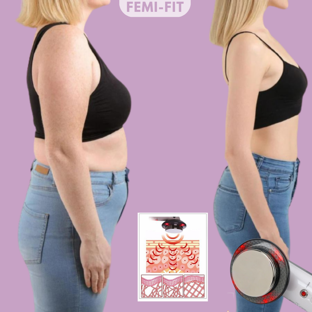 Frau vor und nach Gewichtsverlust, Femi-Fit Gerät, Abnehmen, Körperformung, lila Hintergrund