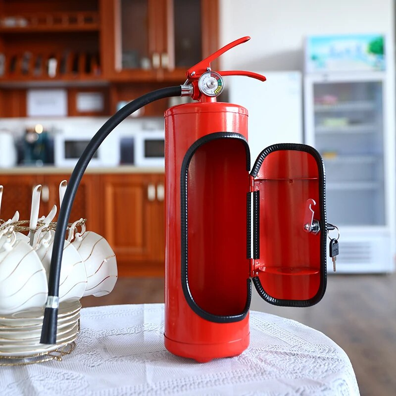 Roter Feuerlöscher-Getränkespender, geöffnet, auf Tisch in Küche, modernes Design.