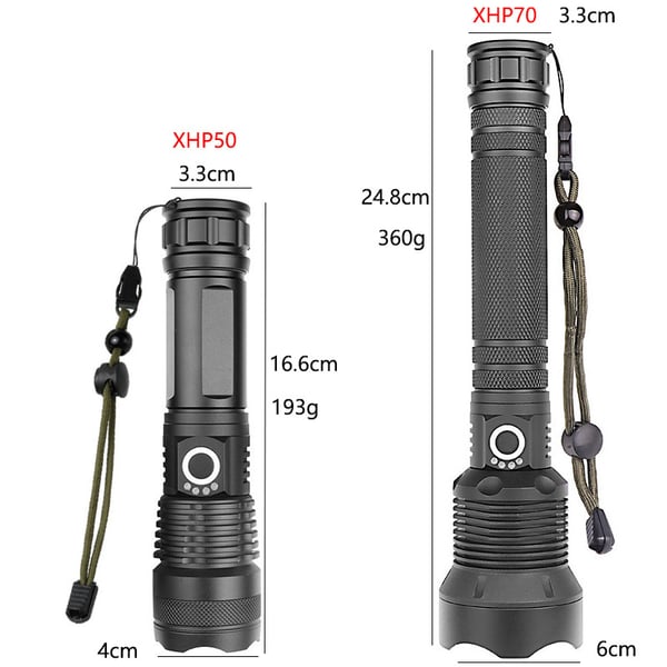 Zwei schwarze LED-Taschenlampen, XHP50 und XHP70, mit Trageschlaufen und Größenangaben.
