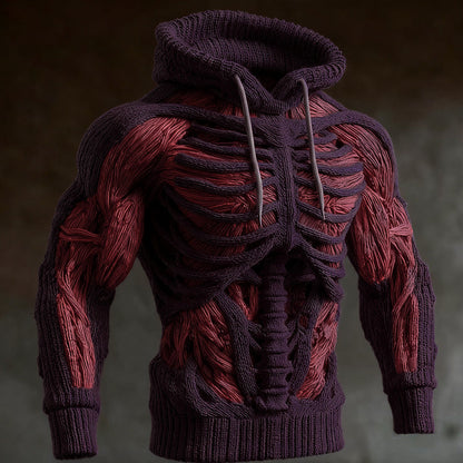 Strickhoodie in dunklem Violett mit erhabenem Rippenkäfig und roten Muskelpartien, die Kordeln der Kapuze sind hellgrau abgesetzt. 4