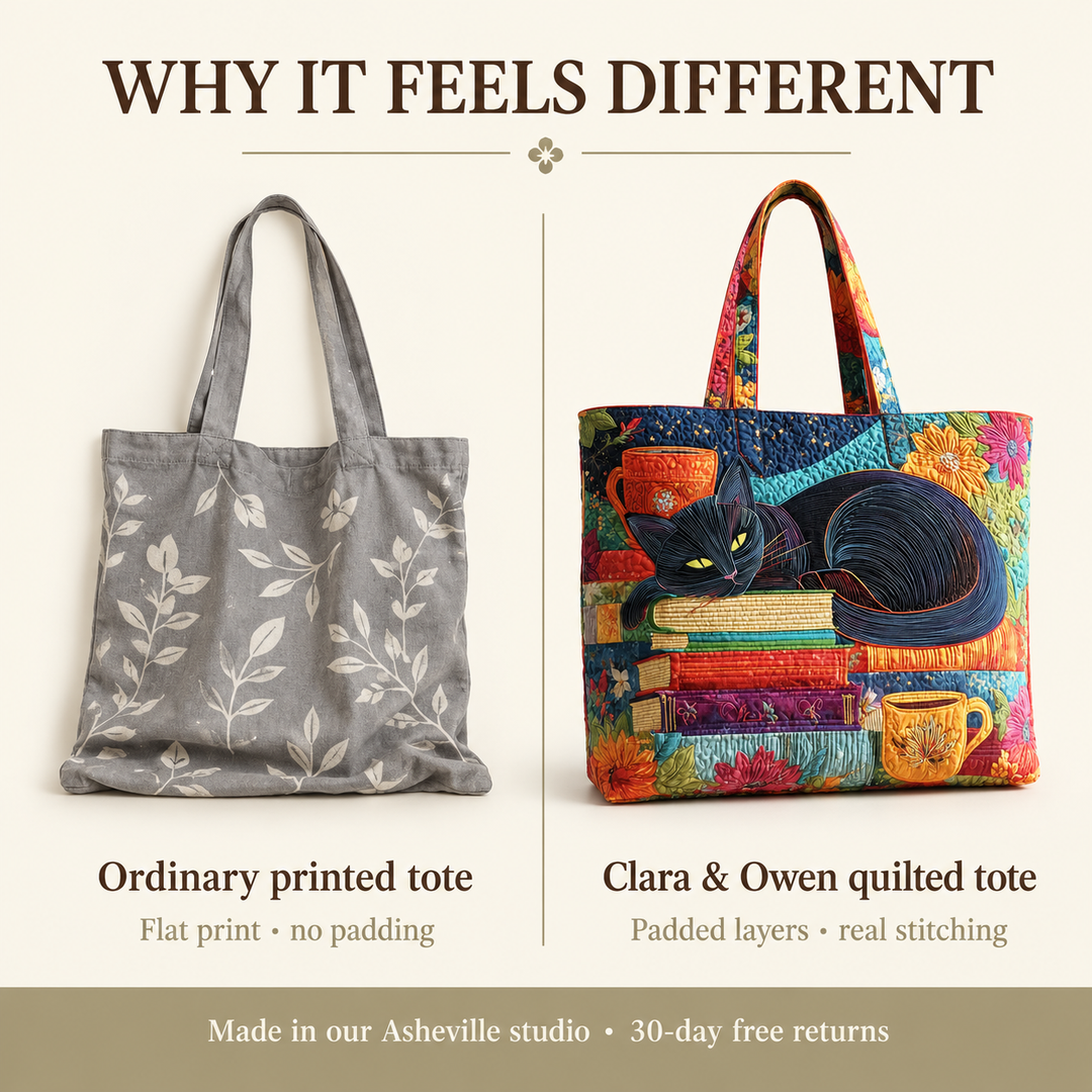 Vergleichsgrafik: links eine graue Stofftasche mit Blattdruck, rechts die farbenfrohe gesteppte Tasche mit Katze, Büchern und Tassen. 4