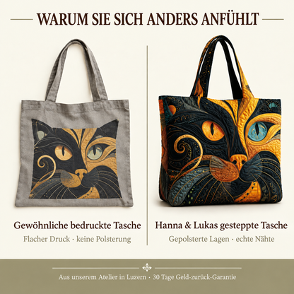 Vergleichsbild: links flach bedruckte graue Stofftasche, rechts die gesteppte, gepolsterte Tasche mit Katzenmotiv 5