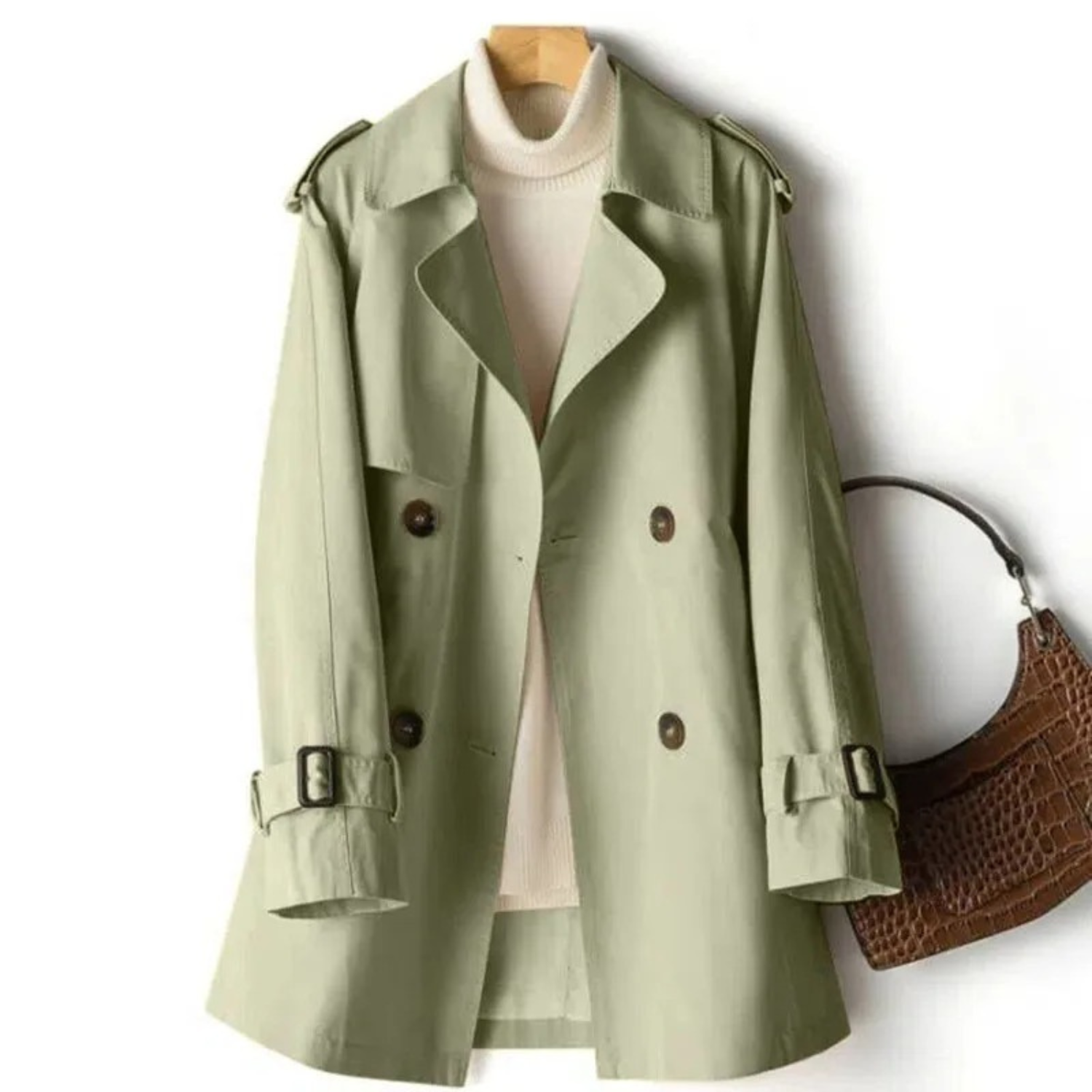Damen-Trenchcoat, olivgrün, zweireihig, Gürtel, Herbstmode, stilvoll, elegant.