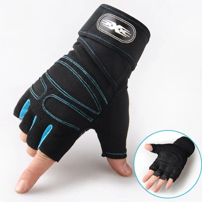 Schwarze Fitness-Handschuhe, fingerlos, mit blauem Akzent, für Krafttraining und Gewichtheben.