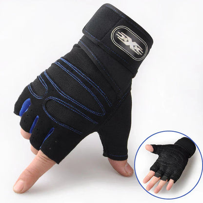 Schwarzer Fitness-Handschuh mit blauen Nähten, gepolstert, für Krafttraining und Gewichtheben.