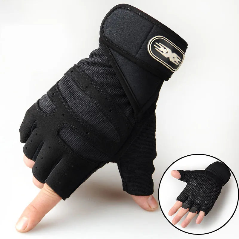 Schwarzer Fitness-Handschuh, halbfinger, atmungsaktiv, für Krafttraining und Gewichtheben.