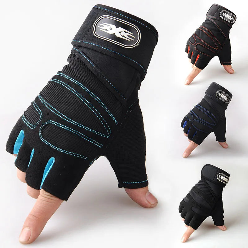 Schwarze Fitness-Handschuhe mit blauen Nähten, verstellbar, für Krafttraining und Gewichtheben.