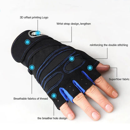 Schwarzer Fitness-Handschuh mit blauen Nähten, atmungsaktivem Material und Handgelenkriemen.