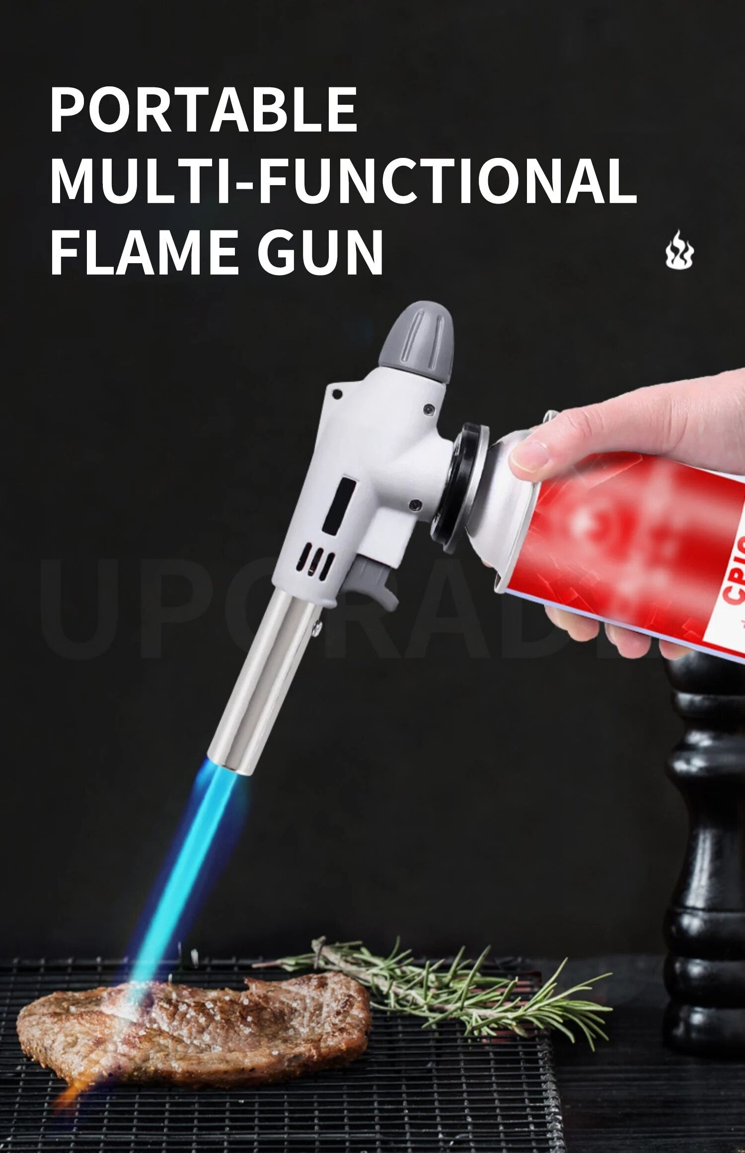 Tragbare multifunktionale Flammenpistole, weiß, zum Kochen, mit blauer Flamme.