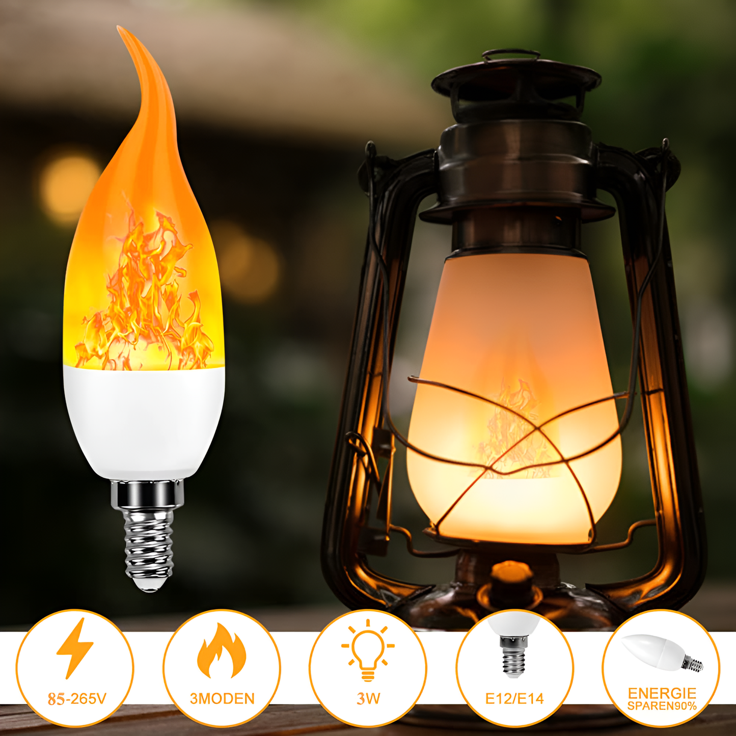 LED-Flammenlampe E12/E14, 3W, energiesparend, warmweiß, dekorative Glühbirne für Laternen.