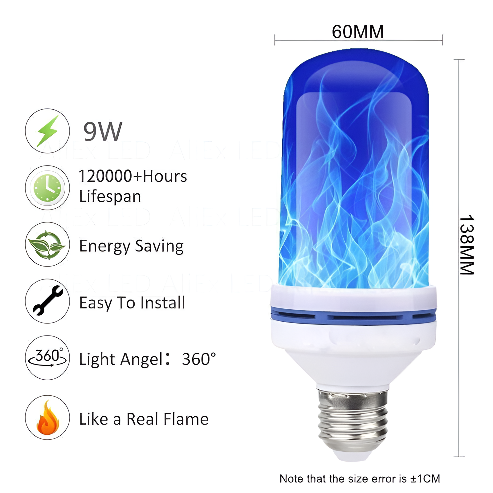 LED-Flammenlampe, 9W, 120000+ Stunden, energiesparend, 360° Lichtwinkel, einfach zu installieren.