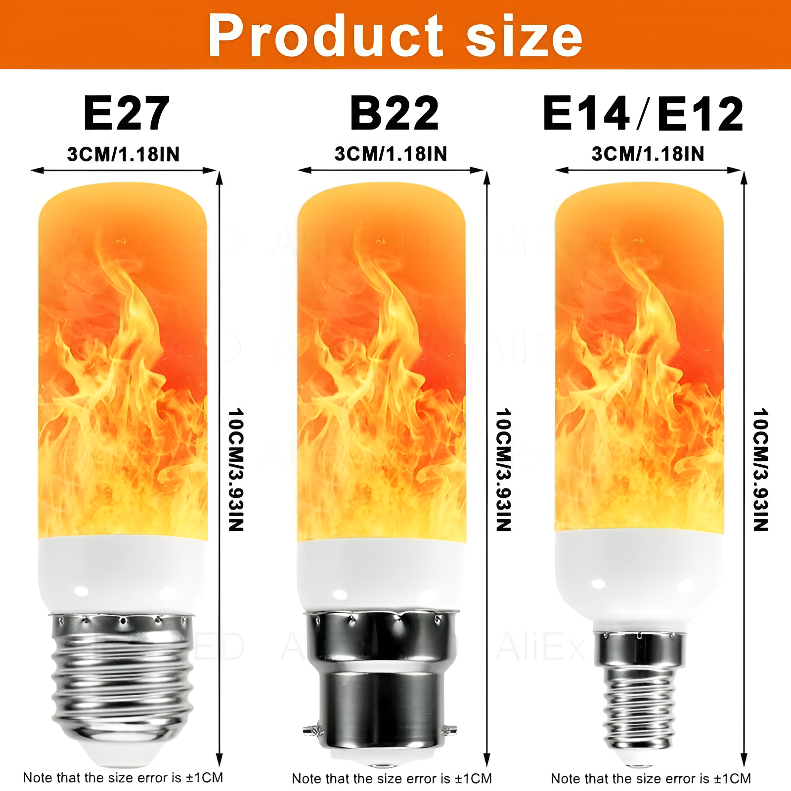 Drei LED-Flammenlampen, Sockel E27, B22, E14/E12, 3cm Durchmesser, 10cm Höhe, orange Flammeneffekt.