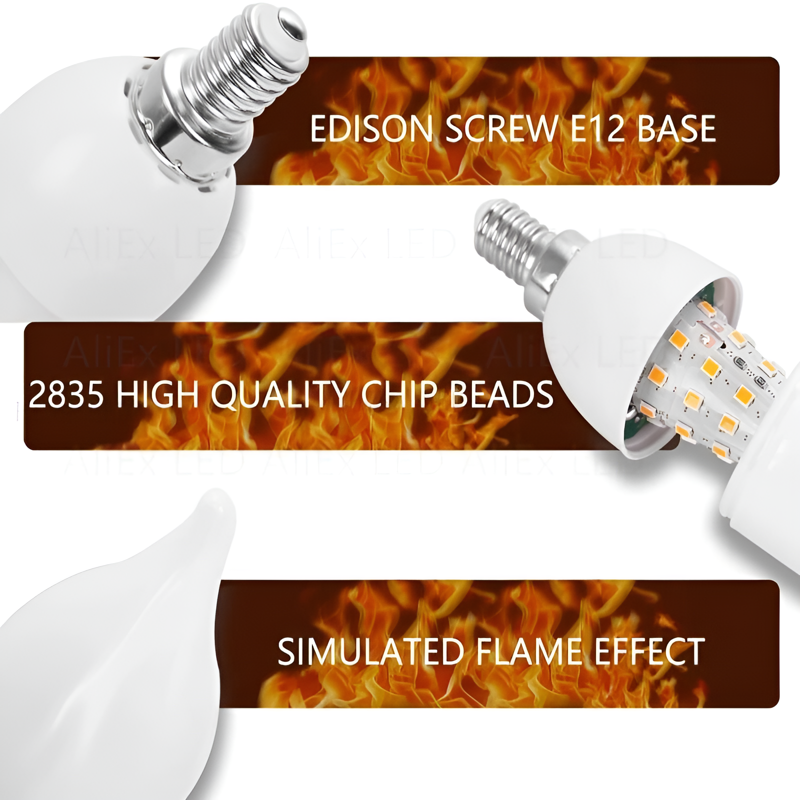 LED-Lampe E12, Flammeneffekt, 2835 Chip, Edison-Schraubsockel, energiesparend, weiß