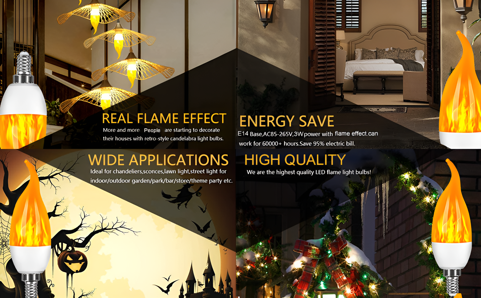 LED-Lampe mit Flammeneffekt, energiesparend, vielseitig einsetzbar, hohe Qualität, E14-Basis.