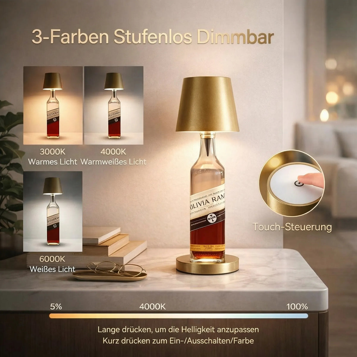 Goldene Flaschenlampe mit Vergleich dreier Lichtfarben und Nahaufnahme der Touch-Steuerung auf der Oberseite 2