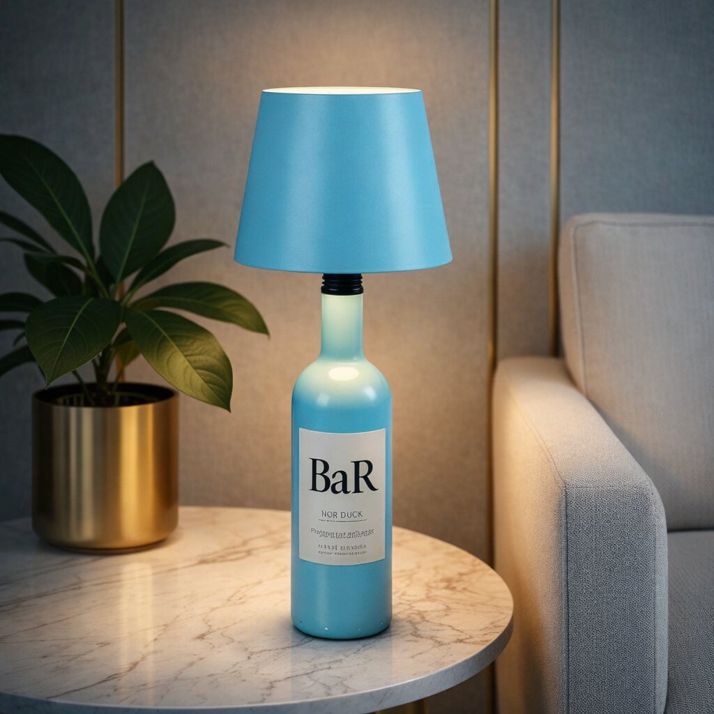Hellblaue Flaschenlampe mit Lampenschirm auf einem Marmortisch neben Pflanze im Goldtopf und grauem Sessel 21