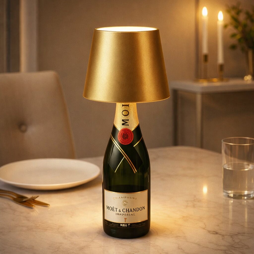 Goldene Flaschenlampe auf einer Champagnerflasche, gedeckter Tisch mit Teller, Glas und Kerzen im Hintergrund 17