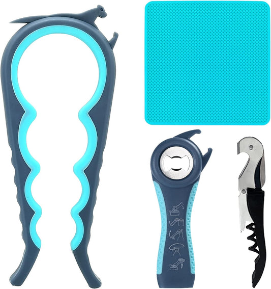 Multifunktionales Flaschenöffner-Set, blau, rutschfest, ergonomisch, für Küche und Bar.