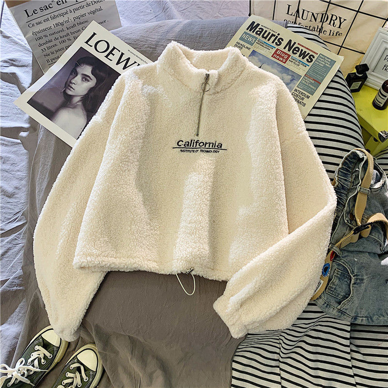 Weißer Fleece-Pullover mit Reißverschluss, "California"-Aufdruck, lässig, warm, Damenmode.
