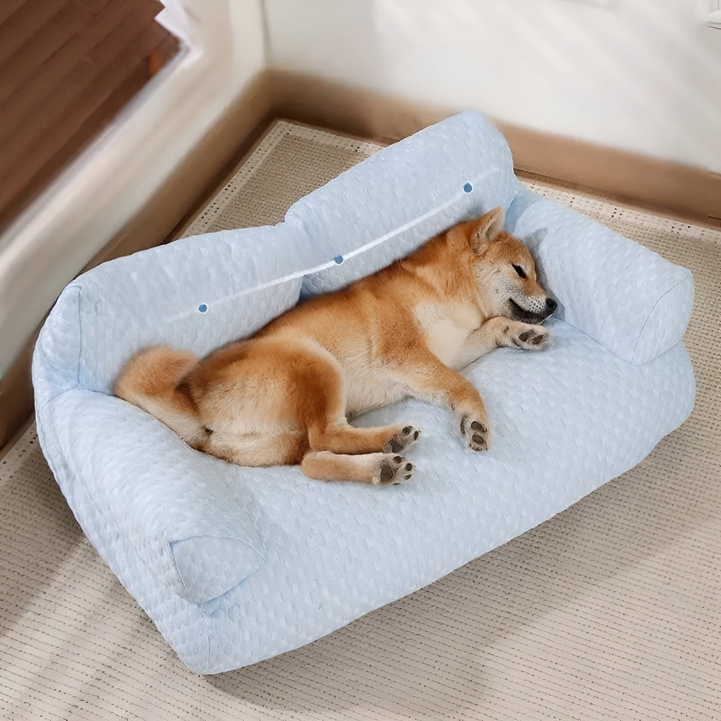 Schlafender Hund auf hellblauem, waschbarem Plüsch-Hundebett, bequem und warm.