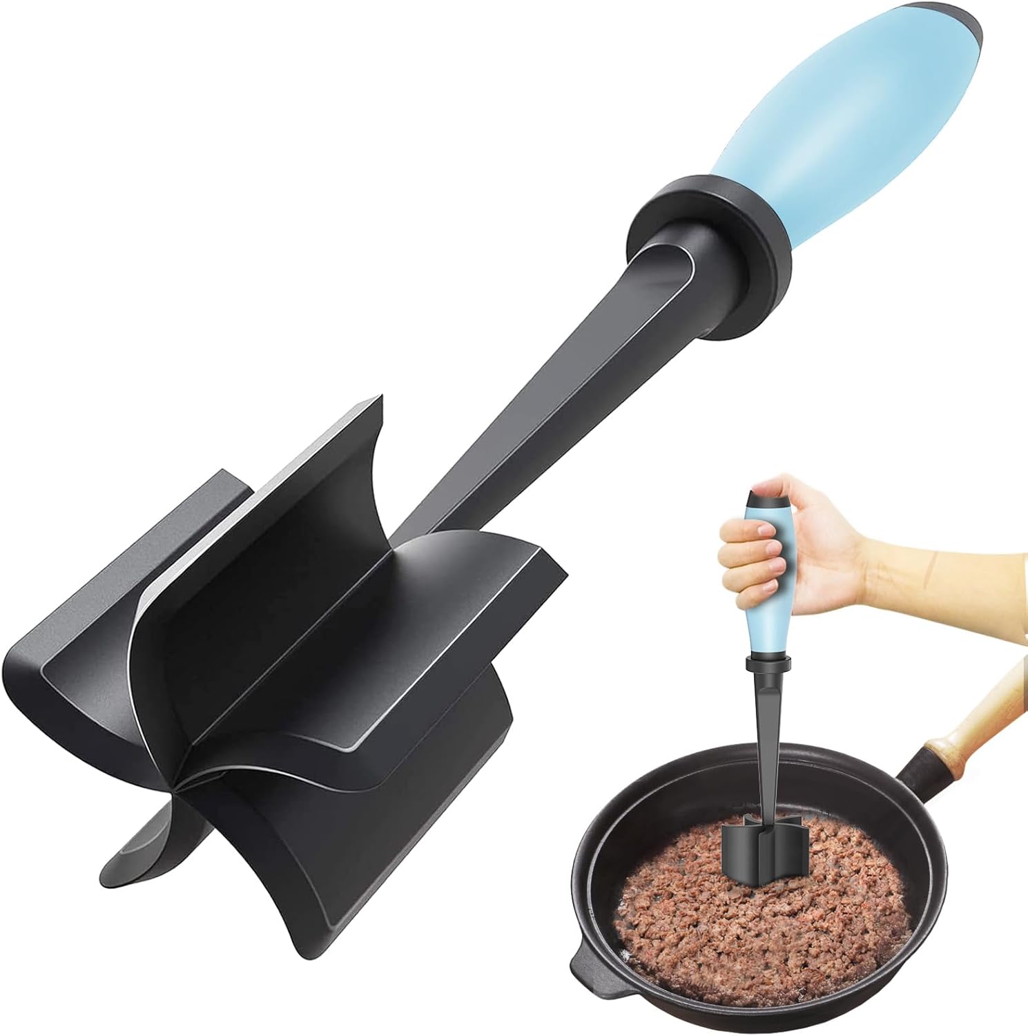 Fleischzerkleinerer aus Kunststoff mit blauem Griff, ideal für Pfannen, Küchenwerkzeug.
