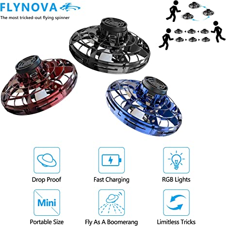 Drei bunte Flynova Mini Drohnen mit RGB-Lichtern, fliegender Spinner, schnell aufladbar.