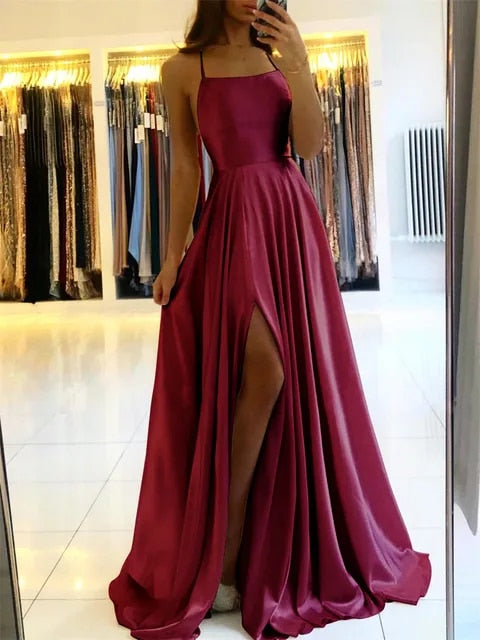 Maxikleid |Seitenschlitz | Fließend | Einfarbig | Ärmellos | Locker-Weinrot-S-Luzern Mode