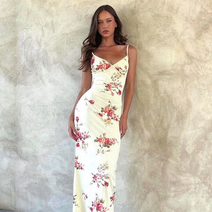 Sommerkleid mit Blumenmuster | Maxilänge | V-Ausschnitt | luftiger Stil-Beige-S-Luzern Mode