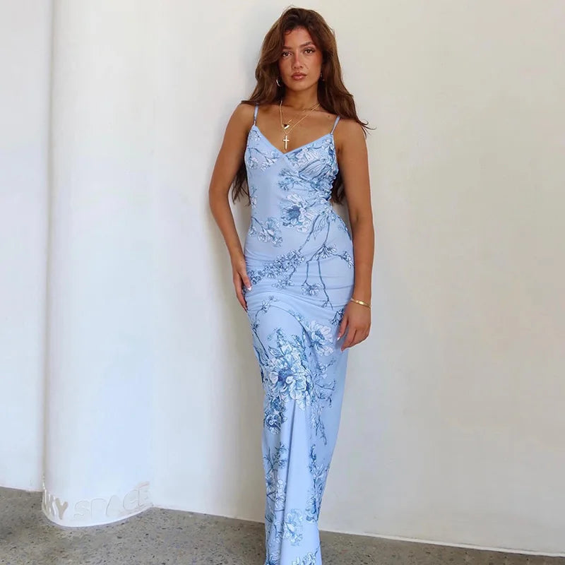 Sommerkleid mit Blumenmuster | Maxilänge | V-Ausschnitt | luftiger Stil-Blau-S-Luzern Mode