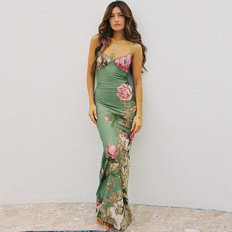 Sommerkleid mit Blumenmuster | Maxilänge | V-Ausschnitt | luftiger Stil-Grün-S-Luzern Mode