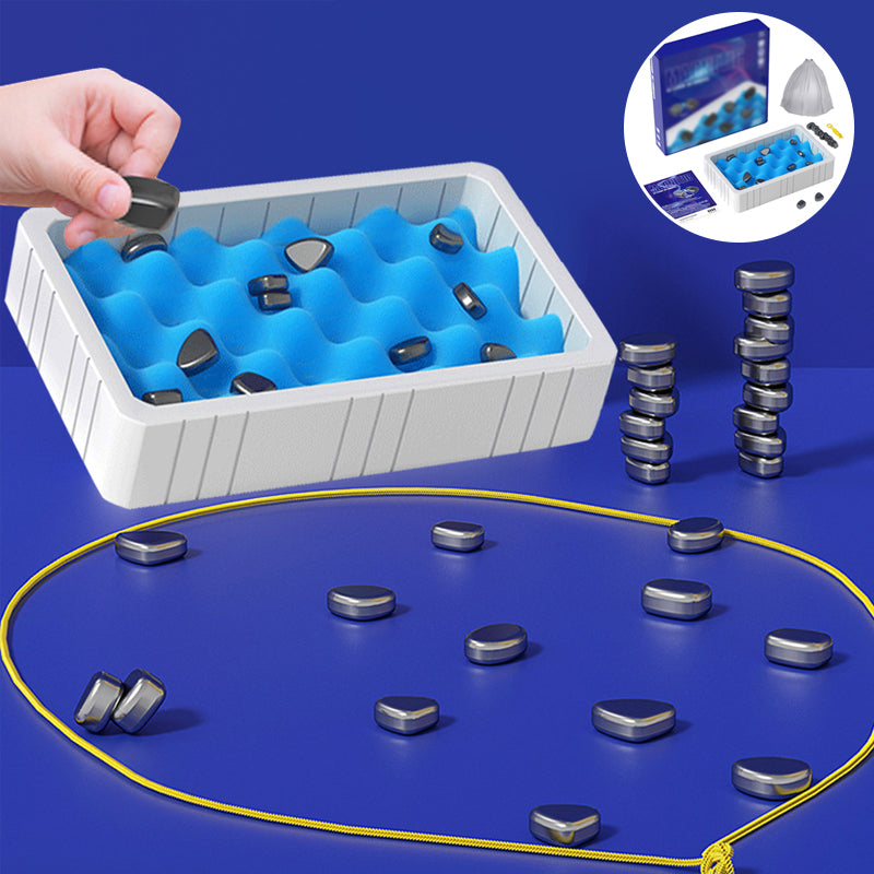Handspielzeug Magnetsteine Set, blaues Tablett, stapelbare Metallsteine, Geschicklichkeitsspiel.