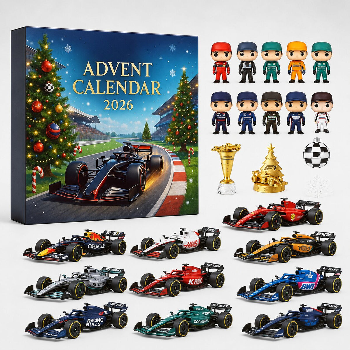 Verpackung mit weihnachtlichem Rennstrecken-Motiv, daneben alle Inhalte ausgebreitet: Rennwagen-Modelle, Fahrerfiguren, goldene Pokale und Christbaumschmuck. 1