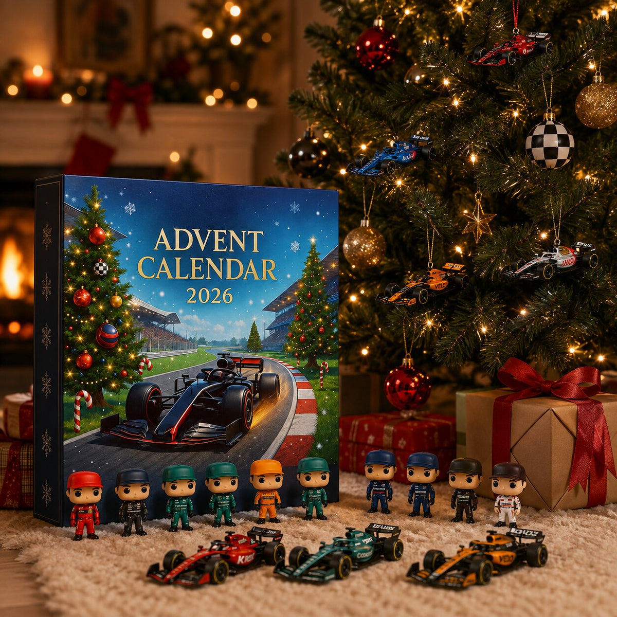 Adventskalender-Box vor einem geschmückten Weihnachtsbaum, davor aufgereihte Fahrerfiguren und Rennwagen-Modelle auf einem weichen Teppich, Geschenke daneben. 2